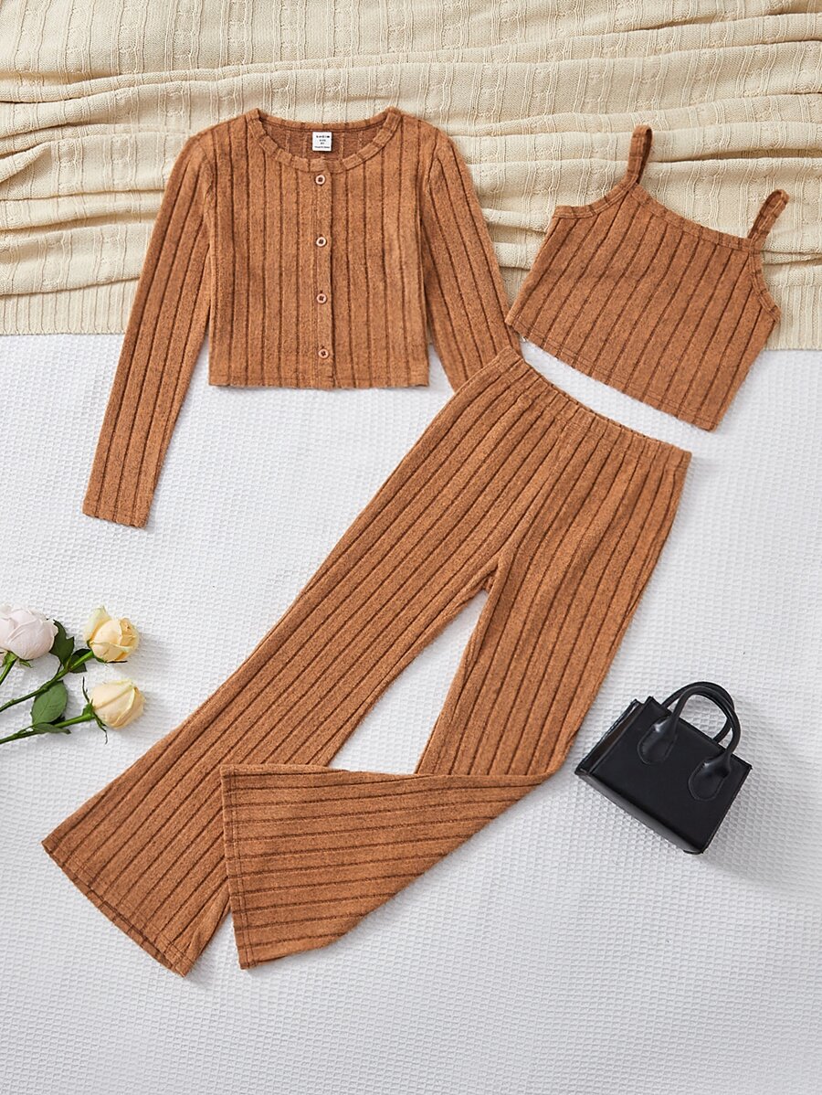 SHEIN Top De Punto Acanalado Para Niñas En Transición Y Pantalones Acampanados Y Camiseta Con Botones - Naranja - Ver 1