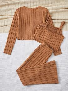 SHEIN Top De Punto Acanalado Para Niñas En Transición Y Pantalones Acampanados Y Camiseta Con Botones - Naranja - Ver 2