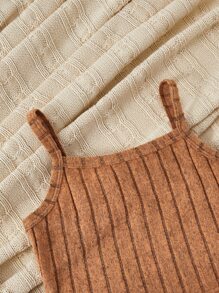 SHEIN Top De Punto Acanalado Para Niñas En Transición Y Pantalones Acampanados Y Camiseta Con Botones - Naranja - Ver 4