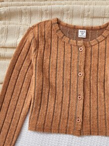 SHEIN Top De Punto Acanalado Para Niñas En Transición Y Pantalones Acampanados Y Camiseta Con Botones - Naranja - Ver 5