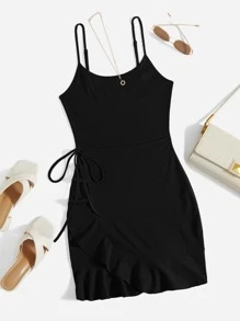 Soleia Tie Side Ruffle Wrap Hem Cami Dress - Black - View 2