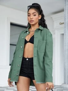 Drop Shoulder Pocket Patched Denim Shirt - Cadet Blue - View 3