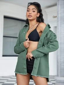 Drop Shoulder Pocket Patched Denim Shirt - Cadet Blue - View 4