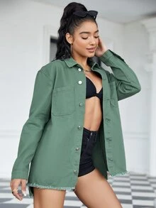 Drop Shoulder Pocket Patched Denim Shirt - Cadet Blue - View 5