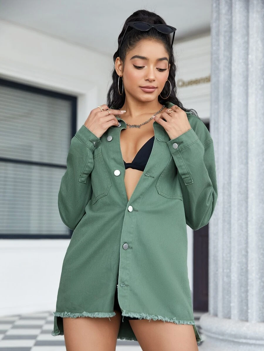 Drop Shoulder Pocket Patched Denim Shirt - Cadet Blue - View 1