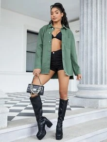 Drop Shoulder Pocket Patched Denim Shirt - Cadet Blue - View 7