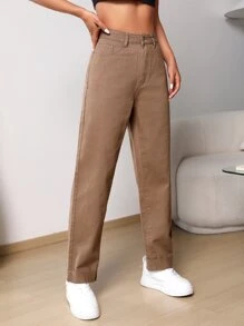 Frayed Hem Mom Fit Jeans - Coffee Brown - View 1
