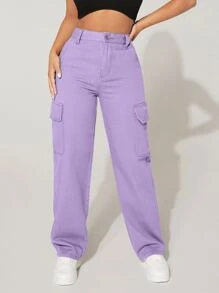 SHEIN PETITE High Waist Flap Pocket Cargo Jeans