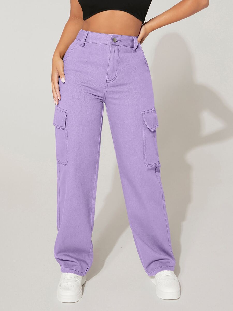 SHEIN PETITE High Waist Flap Pocket Cargo Jeans