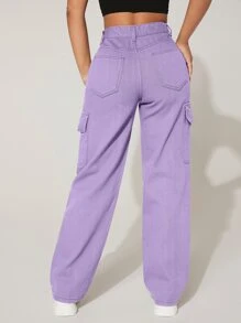 SHEIN PETITE High Waist Flap Pocket Cargo Jeans