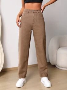 Frayed Hem Mom Fit Jeans - Coffee Brown - View 3