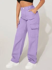 SHEIN PETITE High Waist Flap Pocket Cargo Jeans