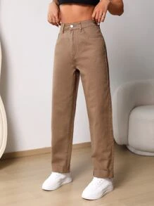 Frayed Hem Mom Fit Jeans - Coffee Brown - View 4