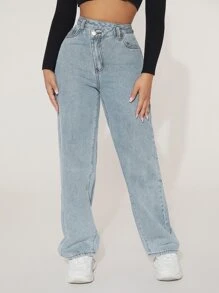SHEIN PETITE High Waist Straight Leg Jeans - Light Wash - View 1