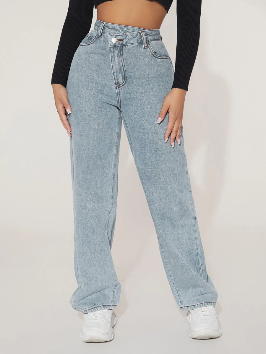SHEIN PETITE High Waist Straight Leg Jeans - Light Wash - View 1