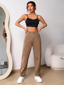 Frayed Hem Mom Fit Jeans - Coffee Brown - View 5