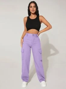 SHEIN PETITE High Waist Flap Pocket Cargo Jeans