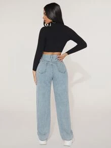 SHEIN PETITE High Waist Straight Leg Jeans - Light Wash - View 2