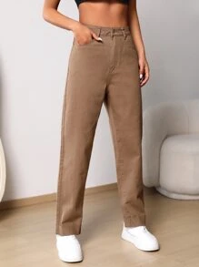 Frayed Hem Mom Fit Jeans - Coffee Brown - View 6