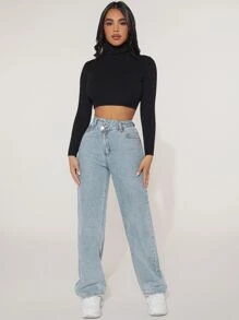 SHEIN PETITE High Waist Straight Leg Jeans - Light Wash - View 3
