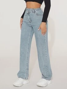 SHEIN PETITE High Waist Straight Leg Jeans - Light Wash - View 4