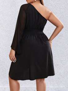 Calvaya Plus One Shoulder Guipure Lace Insert Trumpet Sleeve Dress - Black - View 2