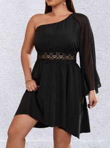 Calvaya Plus One Shoulder Guipure Lace Insert Trumpet Sleeve Dress - Black - View 4