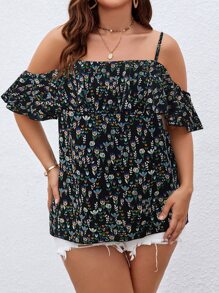 SHEIN Holidaya Plus Ditsy Floral Cold Shoulder Blouse - Multicolor - View 3