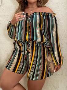 SHEIN Holidaya 大碼幾何印花燈籠袖前打結短款上衣和短褲 - 彩色 - 查看 1