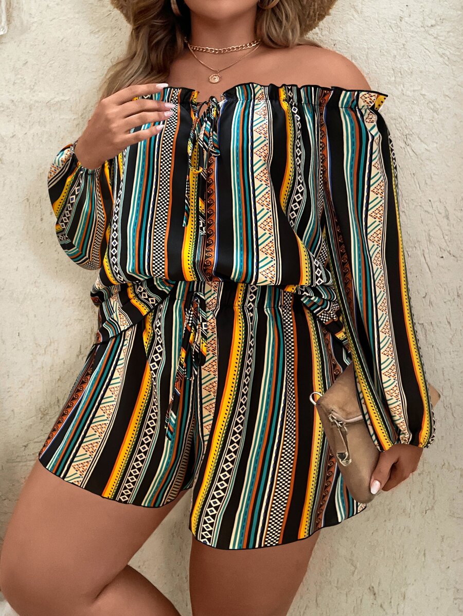 SHEIN Holidaya 大碼幾何印花燈籠袖前打結短款上衣和短褲 - 彩色 - 查看 1