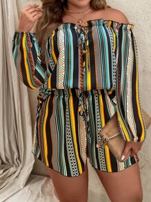 SHEIN Holidaya 大碼幾何印花燈籠袖前打結短款上衣和短褲 - 彩色 - 查看 4