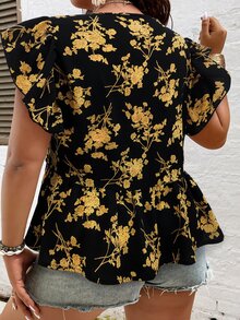 SHEIN Holidaya Plus Allover Floral Print Butterfly Sleeve Knot Front Blouse - Multicolor - View 2