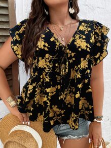 SHEIN Holidaya Plus Allover Floral Print Butterfly Sleeve Knot Front Blouse - Multicolor - View 3