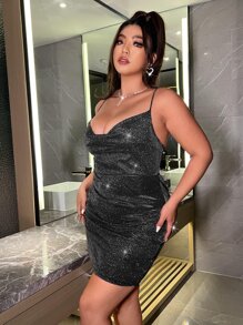 SHEIN SXY Plus Draped Collar Drawstring Side Split Thigh Metallic Cami Dress - Black - View 5