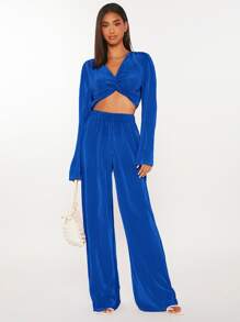 SHEIN Tall Bộ đồ hai mảnh nữ xoắn lại màu trơn Giải trí - Xanh đậm - Xem 1