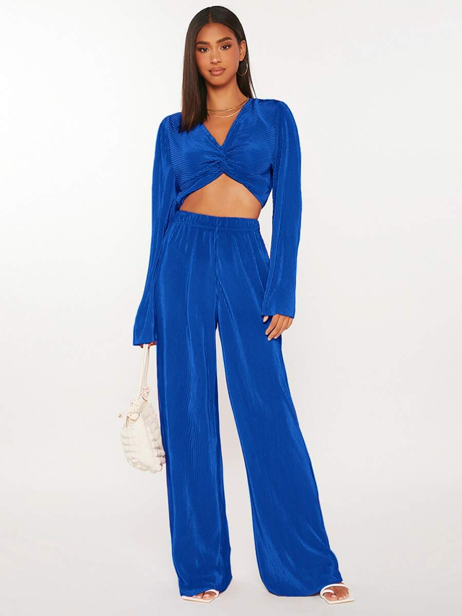 SHEIN Tall Bộ đồ hai mảnh nữ xoắn lại màu trơn Giải trí - Xanh đậm - Xem 1