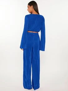 SHEIN Tall Bộ đồ hai mảnh nữ xoắn lại màu trơn Giải trí - Xanh đậm - Xem 2