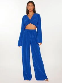 SHEIN Tall Bộ đồ hai mảnh nữ xoắn lại màu trơn Giải trí - Xanh đậm - Xem 5