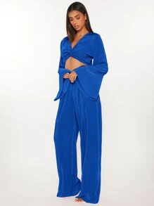 SHEIN Tall Bộ đồ hai mảnh nữ xoắn lại màu trơn Giải trí - Xanh đậm - Xem 6