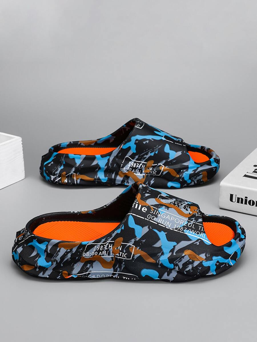男士字母和迷彩圖案拖鞋 - 黑色 - 查看 1