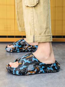 男士字母和迷彩圖案拖鞋 - 黑色 - 查看 2