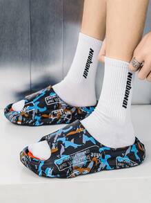 男士字母和迷彩圖案拖鞋 - 黑色 - 查看 3