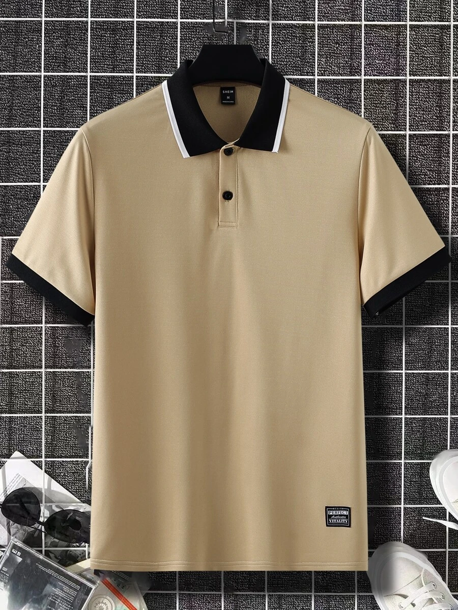 Manfinity Homme Men Letter Patched Contrast Collar Polo Shirt - Khaki - View 1