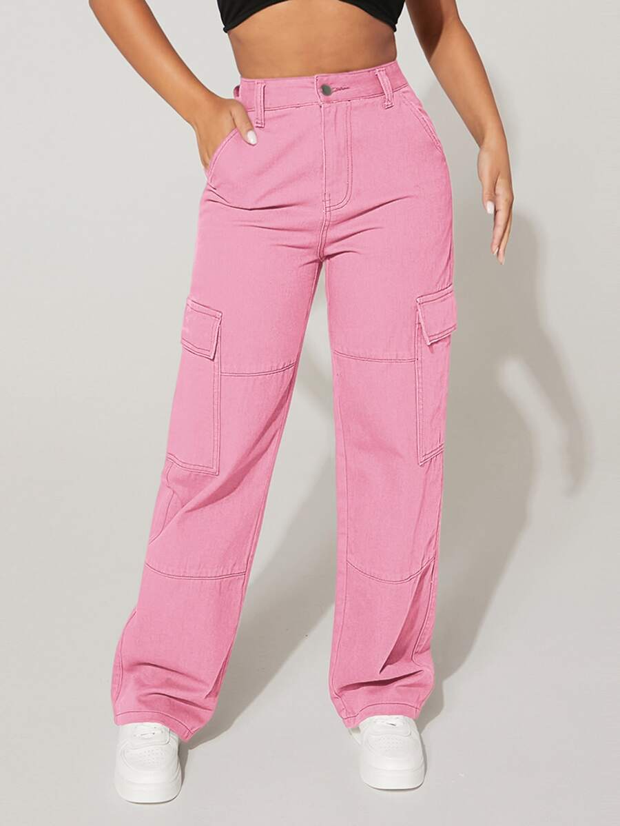 SHEIN PETITE High Waist Flap Pocket Cargo Jeans - Pink - View 1