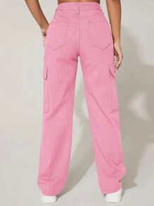 SHEIN PETITE High Waist Flap Pocket Cargo Jeans - Pink - View 2