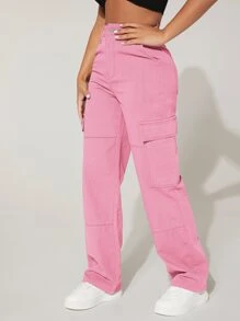 SHEIN PETITE High Waist Flap Pocket Cargo Jeans - Pink - View 3