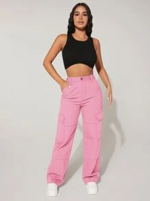 SHEIN PETITE High Waist Flap Pocket Cargo Jeans - Pink - View 4