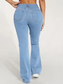 SHEIN PETITE 高腰破洞牛仔喇叭褲 - 淺色水洗藍 - 查看 2