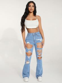 SHEIN PETITE 高腰破洞牛仔喇叭褲 - 淺色水洗藍 - 查看 3