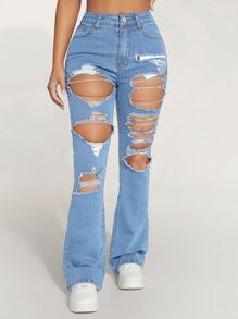 SHEIN PETITE 高腰破洞牛仔喇叭褲 - 淺色水洗藍 - 查看 6